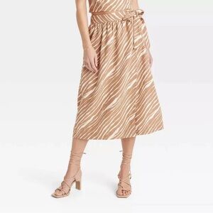 A New Day Tan animal print Midi Skirt Tie Front A-Line